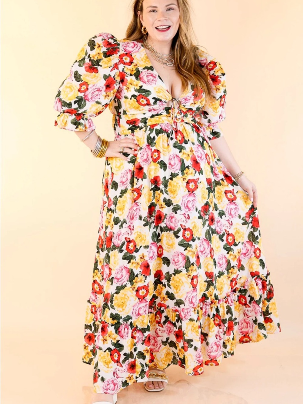 Buddy Love Floral Tie-Front Maxi Dress in Pink, Yellow & Red